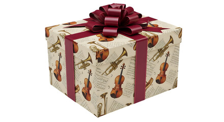 A gift box with violin pattern and red ribbon on a black background