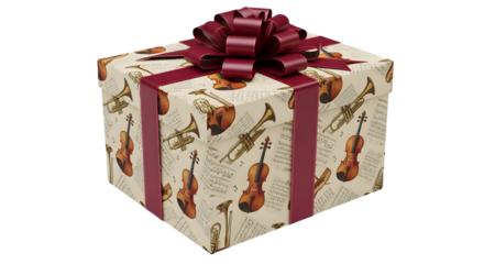 A gift box with violin pattern and red ribbon on a black background