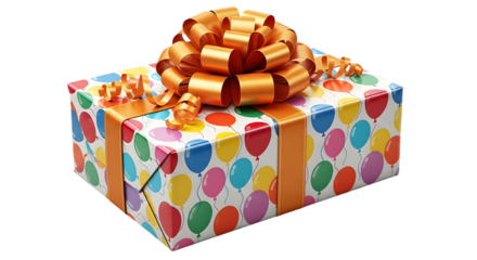 A brightly wrapped gift box with a large golden bow on top