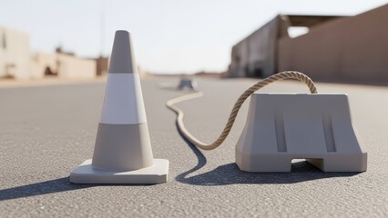 A gray cone  barrier tied with a rope sit on an asphalt road under clear sky near nondescript buildings in a desert