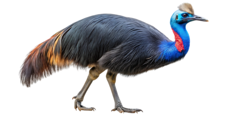 Side profile view of a cassowary showcasing its striking blue head and red wattle against a dark body