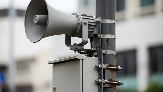 A gray outdoor speaker mounted on a pole A metal utility box is below it