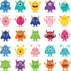 Fototapeta premium Cute monster character illustration set featuring colorful funny creatures, cartoon mascots, and playful fantasy designs