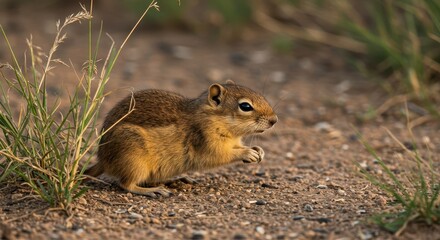 Fototapeta premium Small golden rodent pauses while foraging for seeds in dry, textured earth and tall grasses, reflecting its wild, natural behavior, mammal, cute, seeking