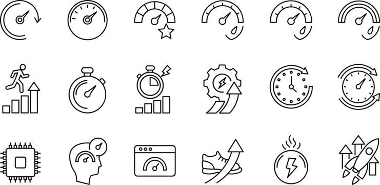 Performance and speed related icons in a line art style on white background meter gauge