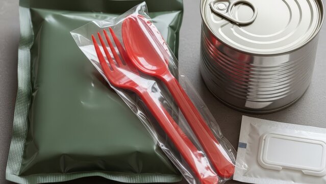 A meal readytoeat MRE laid out on a gray surface featuring a green pouch plastic utensils canned food and a sealed white towelette