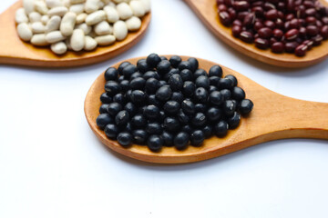 Three wooden spoons holding white, red, and black beans.