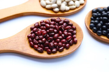 Three wooden spoons holding white, red, and black beans.