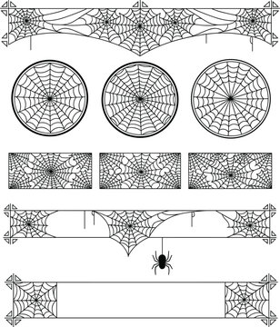 Spider web decorative line art set featuring Halloween frames, banners, circular webs, and spooky design elements