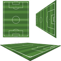 Soccer field perspective illustration featuring football pitch views from top, angled, and isometric layouts