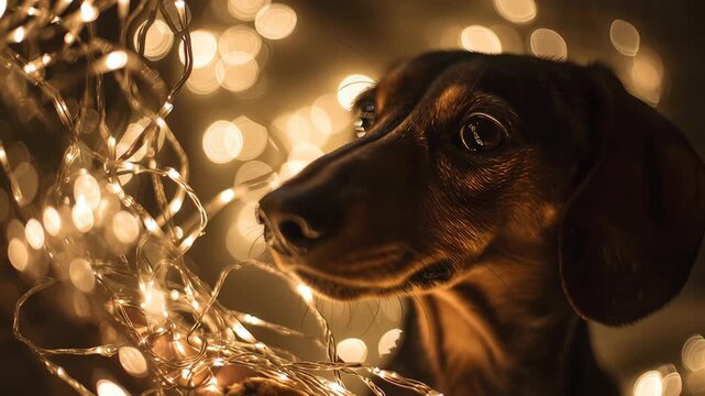 A dog is looking at the camera with its nose in a string of lights. The lights are twinkling and creating a warm, cozy atmosphere. Dachshund interacting with soft shimmering lights