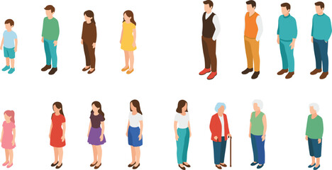 People age diversity illustration set featuring children, adults, seniors, men and women across life stages