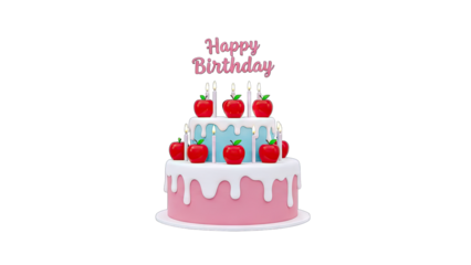 Birthday Cake with Apples and Candles on White Background