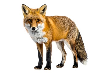 Fototapeta premium A vibrant, full-body portrait of a red-furred animal with a bushy tail, set against a stark white backdrop