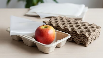 Apple in recycled pulp tray layered with protective sheets amid paper packaging on a light woodgrain surface
