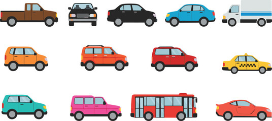 Vehicle and transportation illustration set featuring cars, taxi, truck, bus, and urban transport icons