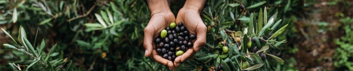 Hands holding fresh black and green olives amidst olive tree foliage