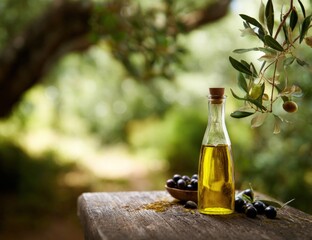 Olive oil bottle on rustic table in sunlit olive grove setting