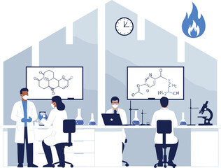 Scientific laboratory research illustration featuring scientists, chemical analysis, teamwork, and modern experimental science environment