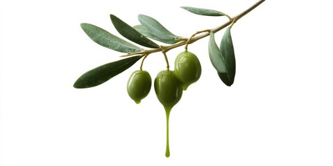Fresh green olives on branch with dripping olive oil isolated on white