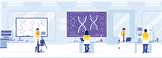 Scientific research laboratory illustration featuring genetics analysis, DNA structure, biotechnology, and modern science teamwork