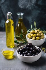 Assorted olives and olive oil on rustic table setting