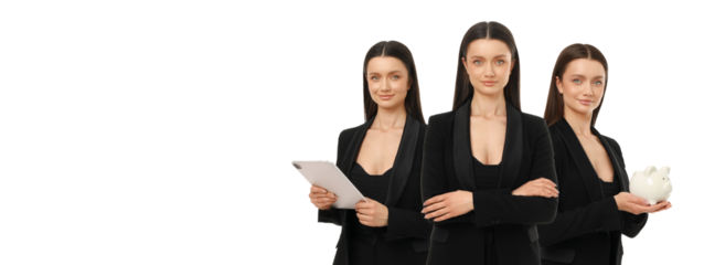 Professional woman poses with tablet and piggy bank, PNG