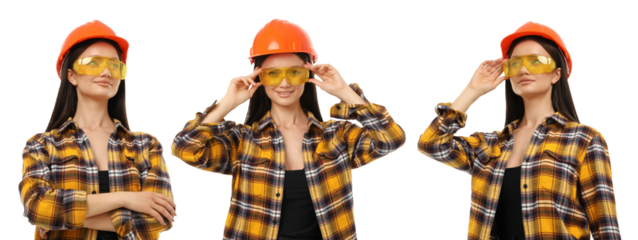 Set, Woman in safety glasses and hard hat poses, PNG