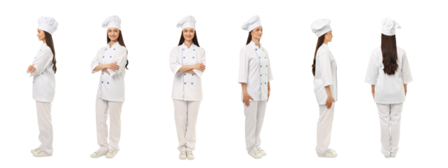 Set, Chef woman poses in studio with white backdrop, PNG