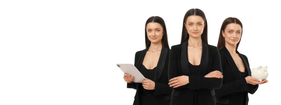 Professional woman poses with tablet and piggy bank, PNG - Powered by Adobe