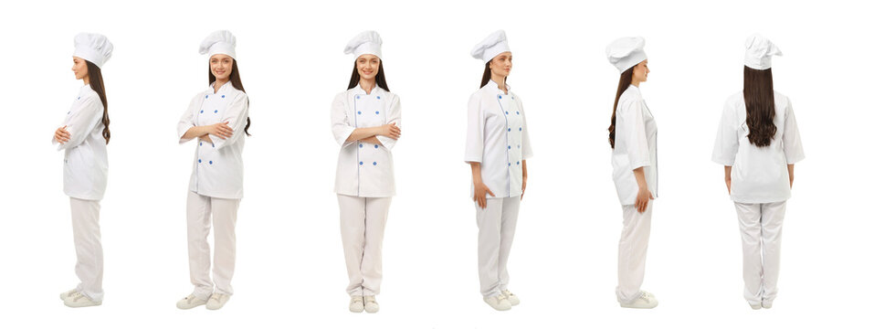 Set, Chef woman poses in studio with white backdrop, PNG