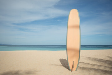 Surfboard by calm ocean waves and soft sand