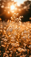 A field of flowers with a sun in the background. The sun is shining brightly on the flowers, making them look even more beautiful. Scene is peaceful and serene, as the sun