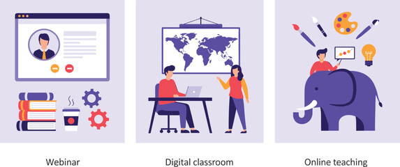 Online education and e learning illustration featuring webinar, digital classroom, virtual teaching, and creative learning concepts