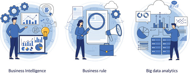 Business intelligence and big data analytics illustration set featuring business rules, dashboards, insights, and data driven decision making