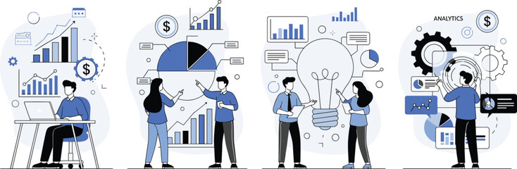 Business analytics and data visualization illustration featuring teamwork, charts, financial insights, strategy planning, and performance analysis
