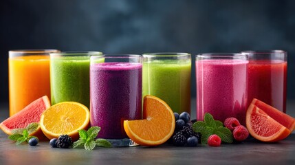 Colorful assortment of fresh fruit smoothies in glasses with fruit slices.