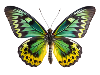Vibrant green and yellow birdwing butterfly with intricate patterns against a black background