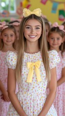 A girl in a yellow dress with a yellow bow is smiling for the camera. She is surrounded by other girls in pink dresses