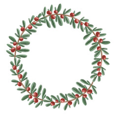 A watercolor Christmas wreath made of branches with red berries, painted in a soft, festive style. Ideal for holiday invitations, cards, and decorations.