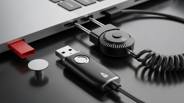 Laptop with red and black USB drives and a black combination lock connected to the laptop - Powered by Adobe