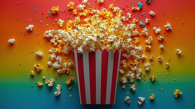 Striped popcorn container bursting with fluffy popcorn against a vibrant rainbow backdrop