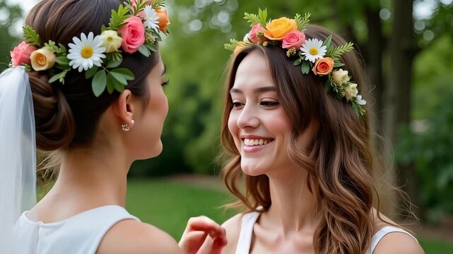 Bridesmaids celebrate friendship putting flower crown on smiling bride in sunlit garden, creating cherished memories and elegant bridal style for wedding day