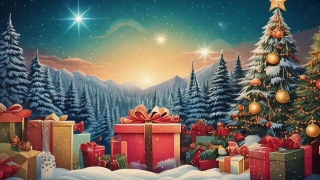 Christmas Scene with Decorated Trees and Wrapped Gifts Winter Holiday Backdrop