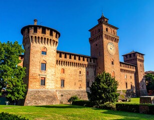 Ancient castle with towers and clock under a clear, blue sky