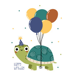A cute turtle wearing a birthday hat and holding balloons, with a Happy Birthday inscription. Flat vector illustration, birthday card. . Vector illustration
