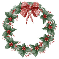 Watercolor Christmas wreath with green leaves, fir branches, red berries and a polka dot bow, painted in a soft festive style. Perfect for holiday cards, invitations, branding.