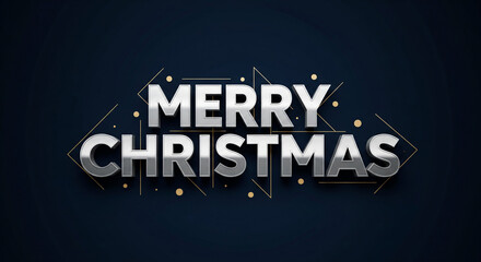 Merry Christmas metallic typography with silver 3D lettering and festive golden confetti on dark blue background