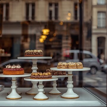 Cakes on white stands displayed in shop window reflection