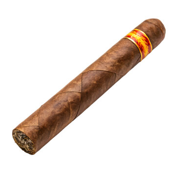 A single, high-quality hand-rolled cigar with a vibrant red and gold band
